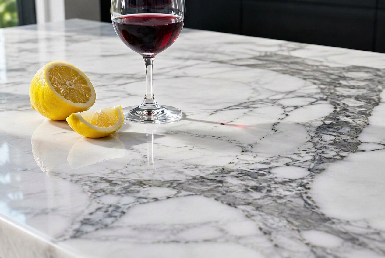 Lemon and wine on polished marble