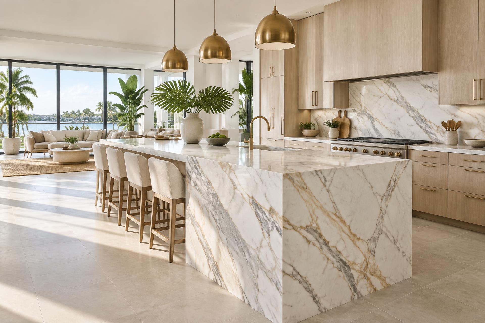 Calacatta marble island in a South Florida kitchen
